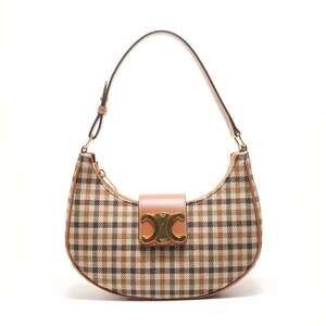 Celine Medium AVA Triomphe Tartan Textile & Calfskin Shoulder Bag, Brown, WS2...